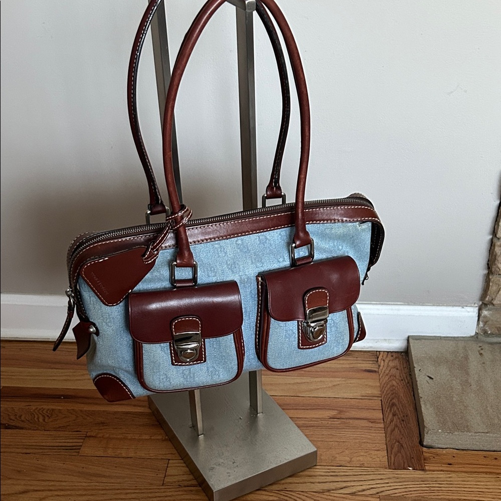 Authentic Elegant Brown and Blue Dooney and Burke Leather and denim